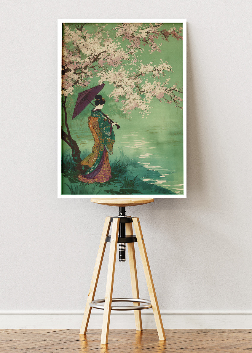 Japanese Geisha Cherry Blossom Lake Canvas & Poster Print – AI PRINT LAB