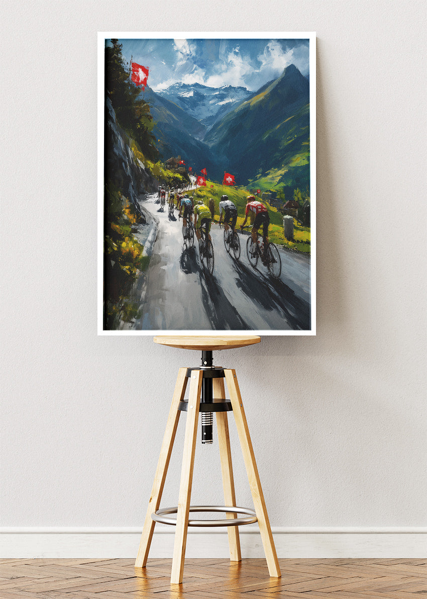 Swiss Mountain Cycling Poster & Canvas Art Print – Alpine Climb with Peloton