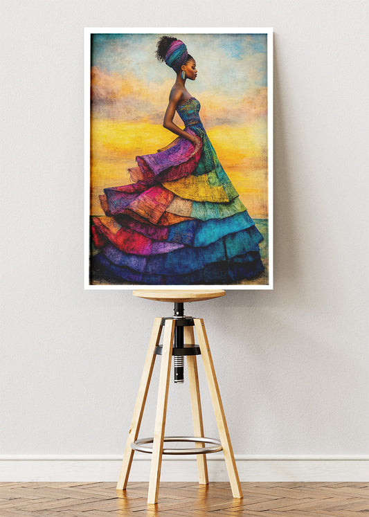 African Woman Colourful Dress Wall Art – Vibrant Cultural Portrait Canvas Print & Modern Statement Poster for Living Room Decor UK