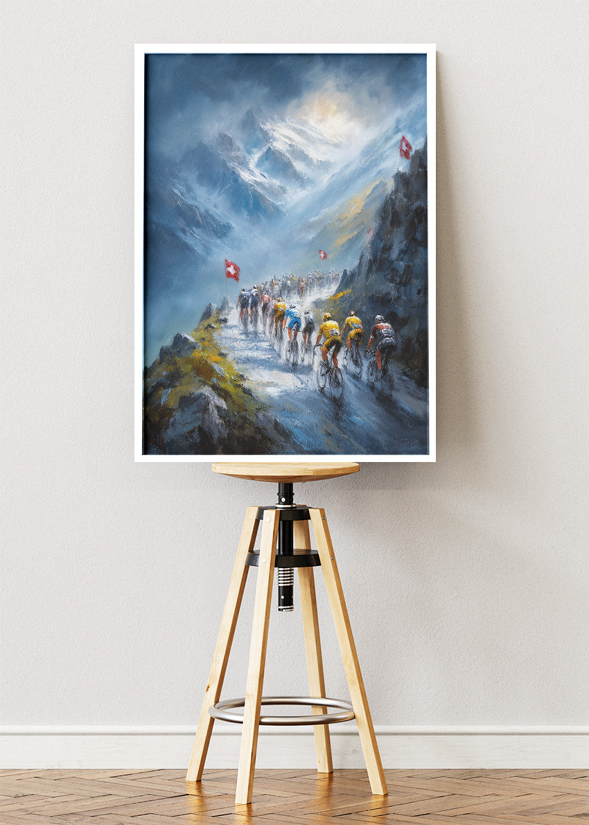 High Alpine Cycling Poster & Canvas Art Print – Snowy Mountain Ascent