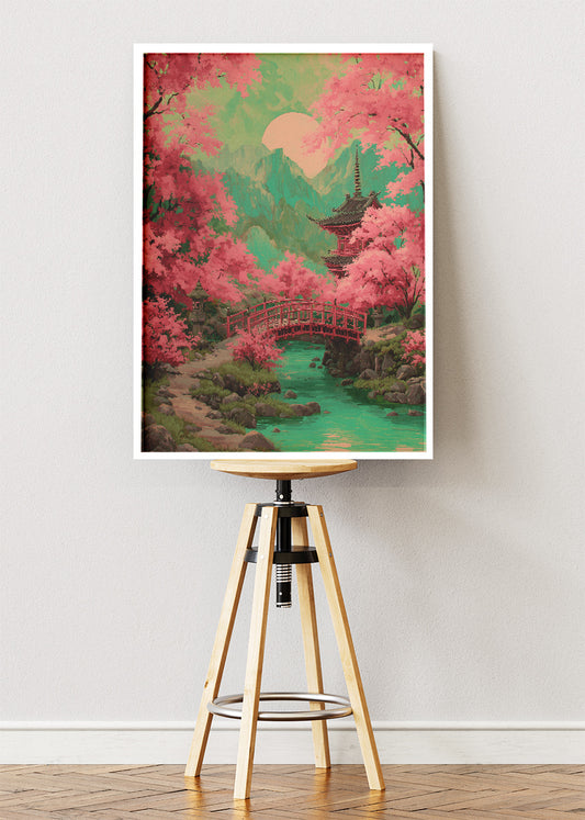 Japanese Cherry Blossom Bridge & Pagoda Landscape Canvas & Poster Print – AI PRINT LAB