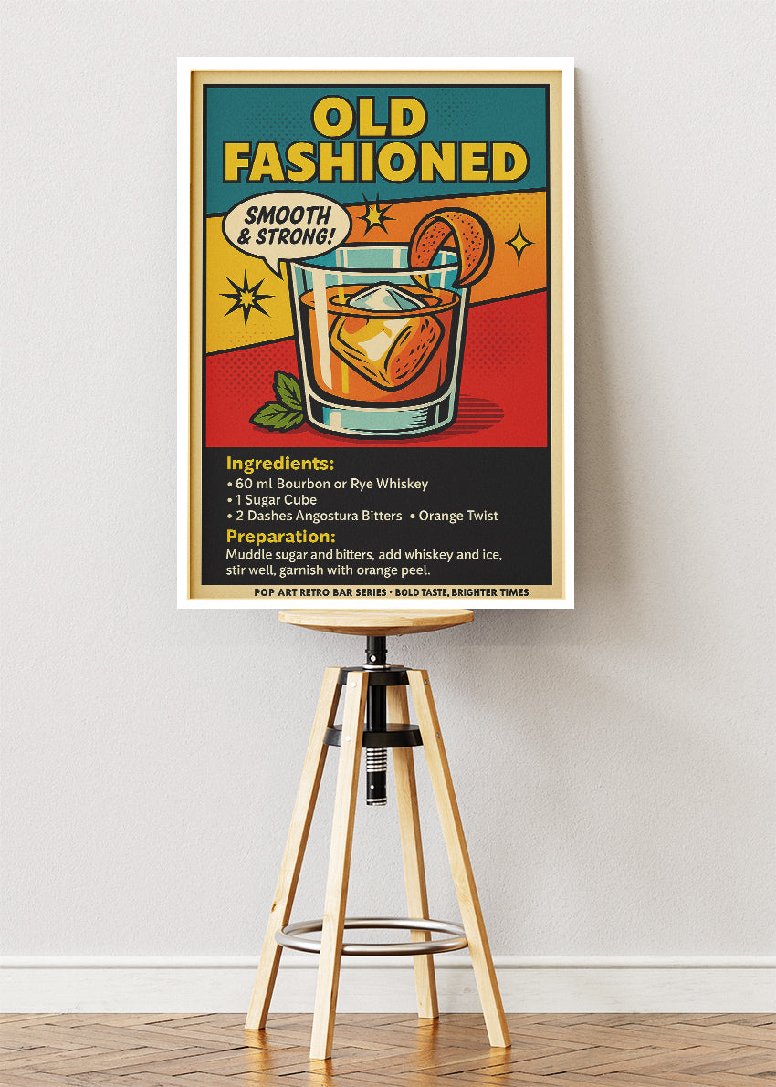 Old Fashioned Pop Art Cocktail Poster & Canvas Print | Retro Whiskey Bar Wall Art