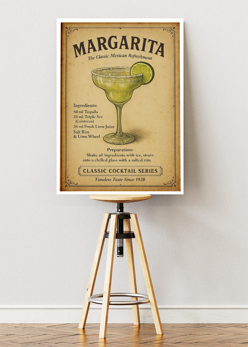 Margarita Classic Cocktail Recipe Poster & Canvas Print | Vintage Mexican Bar Wall Art