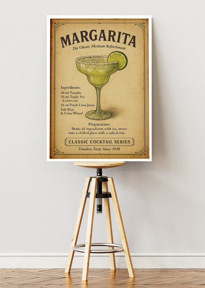 Margarita Classic Cocktail Recipe Poster & Canvas Print | Vintage Mexican Bar Wall Art