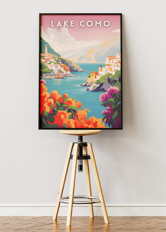 Lake Como Italy Poster & Canvas Print – Illustrated Coastal Village Art