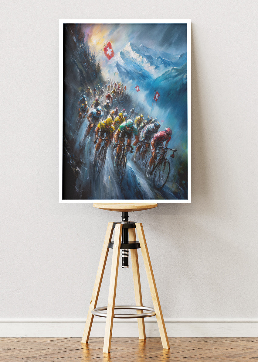 Epic Alpine Cycling Poster & Canvas Art Print – Peloton Climbing Swiss Mountain Pass