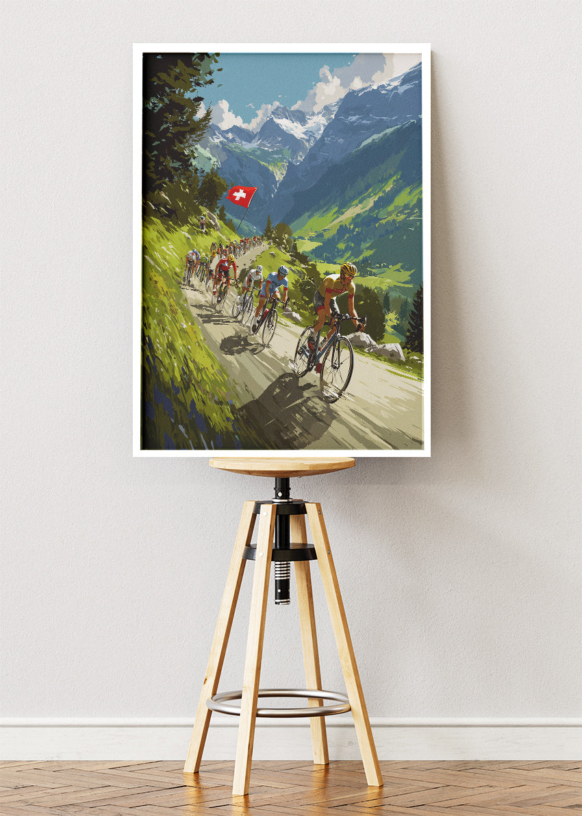 Swiss Alpine Cycling Poster & Canvas Art Print – Peloton Climbing Mountain Road