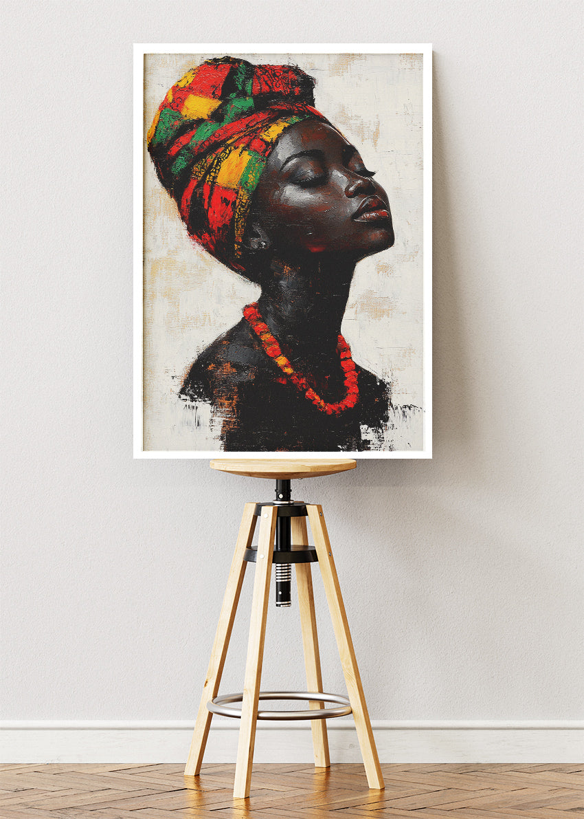 African Headwrap Woman Wall Art – Colourful Cultural Portrait Canvas Print & Modern Statement Poster for Living Room Decor UK