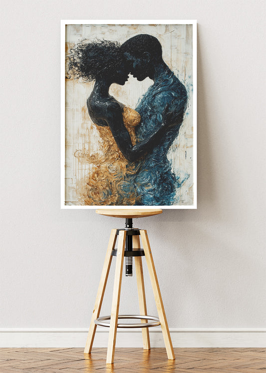 Romantic Abstract Couple Wall Art – Black and Gold Embrace Canvas Print & Modern Love Statement Poster for Bedroom Decor UK