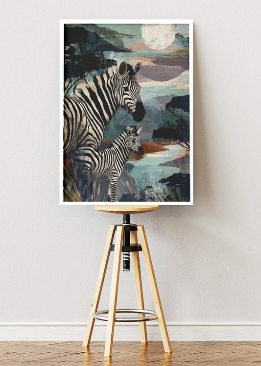 Zebra Family Poster & Canvas Print – Modern Safari Wildlife Art