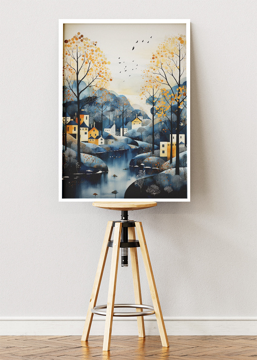 Autumn Riverside Village – Scandinavian Landscape Canvas & Poster Print – AI PRINT LAB