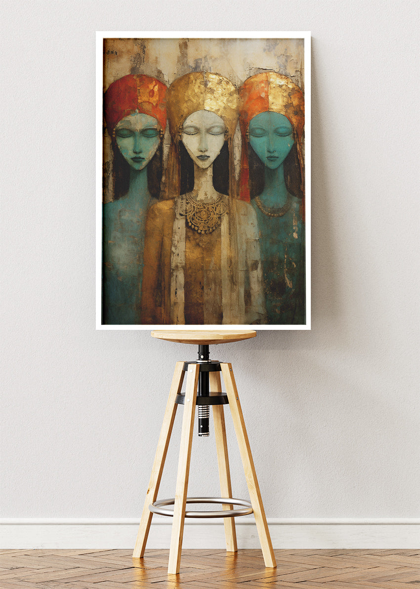 Abstract Tribal Women Wall Art – Bohemian Gold Portrait Canvas Print & Modern Ethnic Statement Poster for Living Room Decor UK
