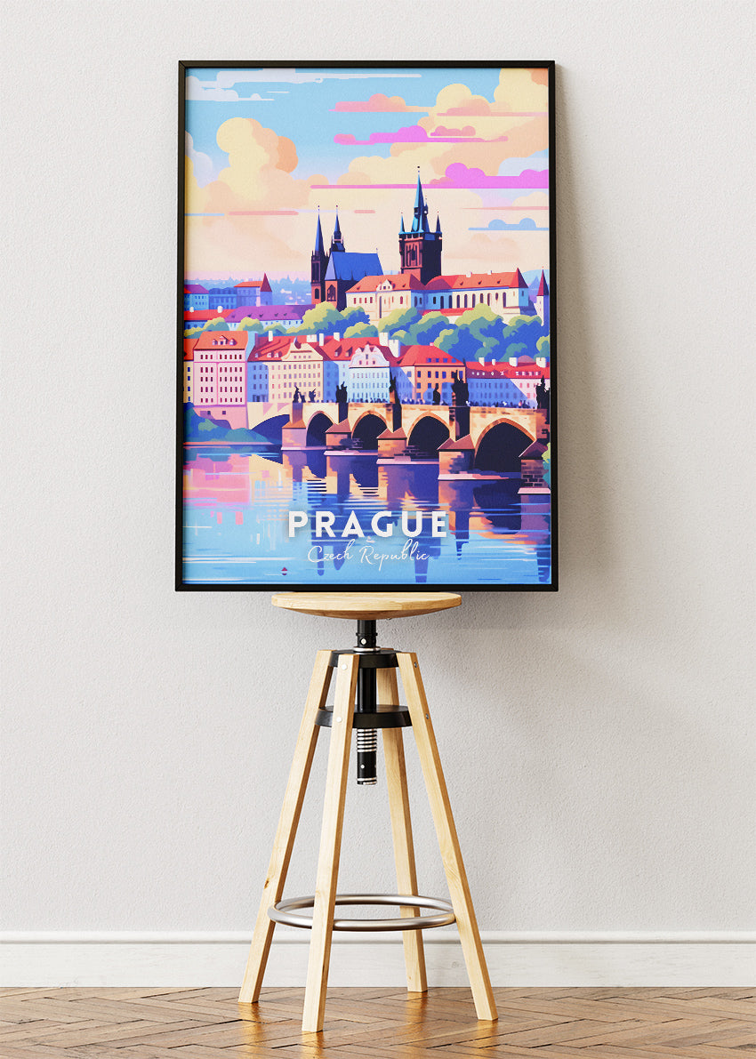 Prague Czech Republic Travel Poster & Canvas Print – Charles Bridge Skyline Wall Art