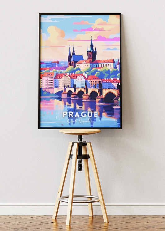 Prague Czech Republic Travel Poster & Canvas Print – Charles Bridge Skyline Wall Art