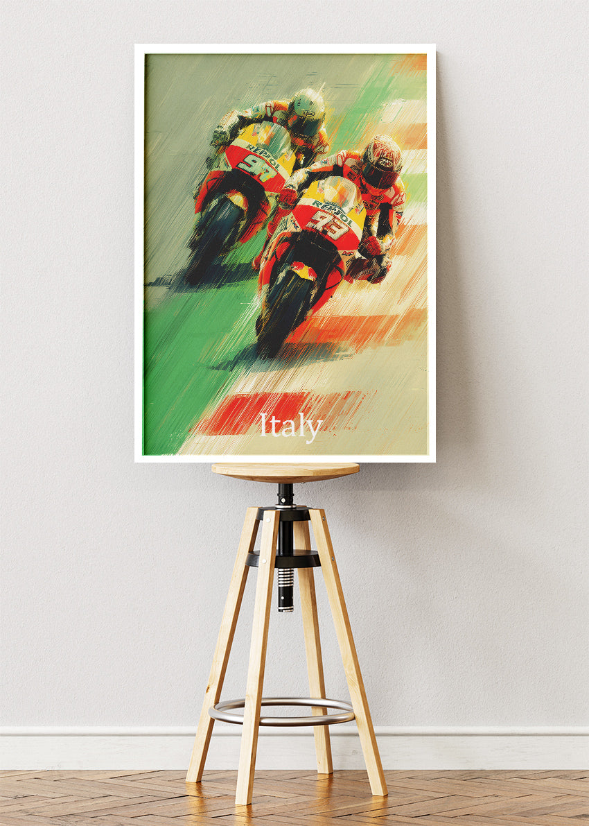 Italy Motorcycle Racing Duel Motion Wall Art Poster & Canvas