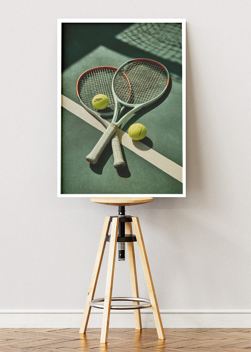 Tennis Rackets on Court Wall Art Poster & Canvas Print – Modern Sports Decor