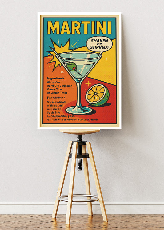 Martini Recipe Pop Art Poster & Canvas Print – Retro Shaken or Stirred Cocktail Wall Art