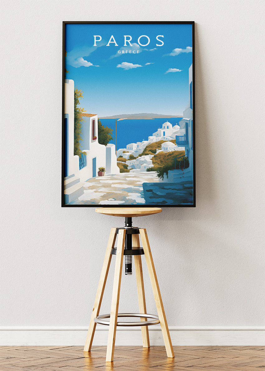 Paros Greece Coastal Village Poster & Canvas Print – Blue & White Greek Island Art