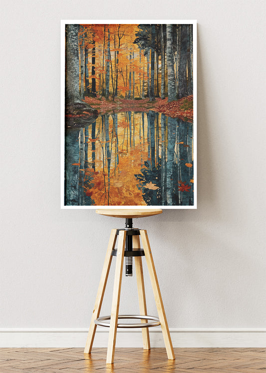 Autumn Forest Reflection Wall Art – Golden Woodland Lake Canvas Print & Modern Nature Landscape Poster for Living Room Decor UK