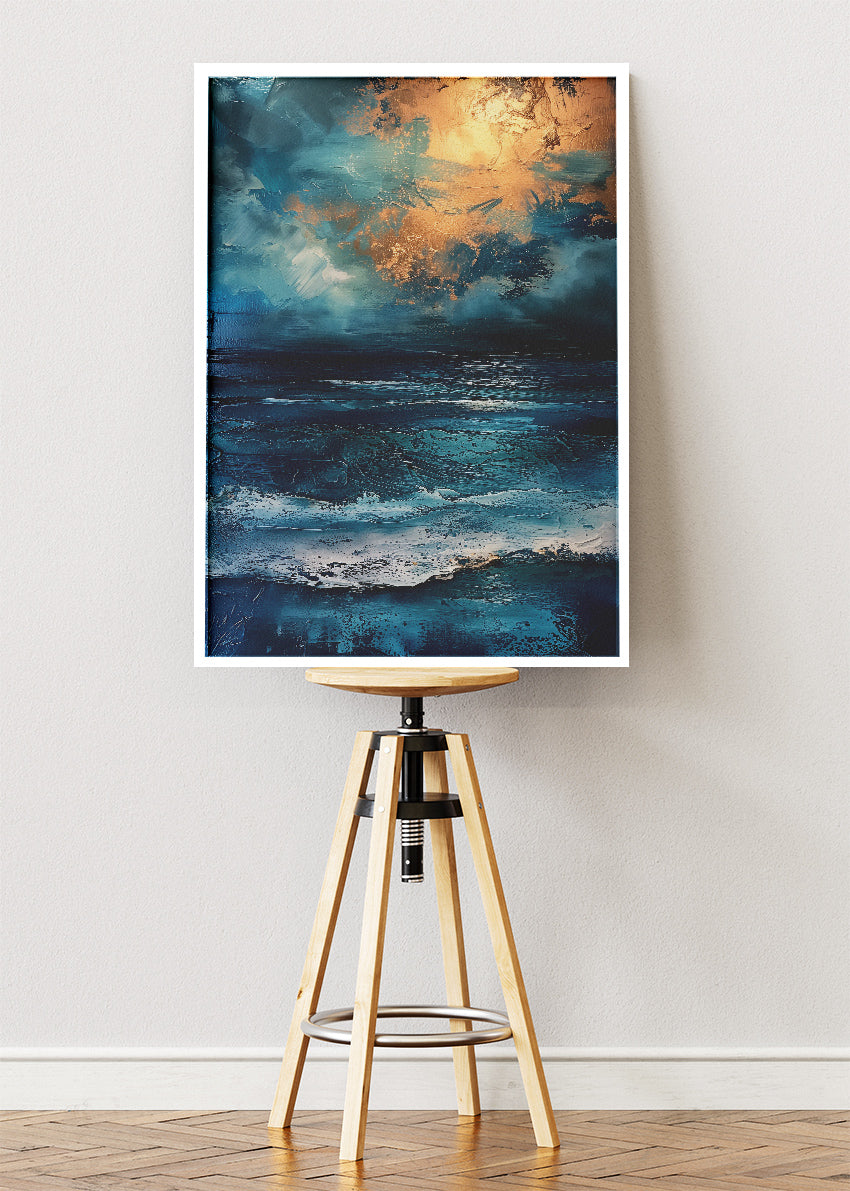 Midnight Ocean with Golden Sky – Dramatic Abstract Seascape Wall Art Poster & Canvas – AI PRINT LAB