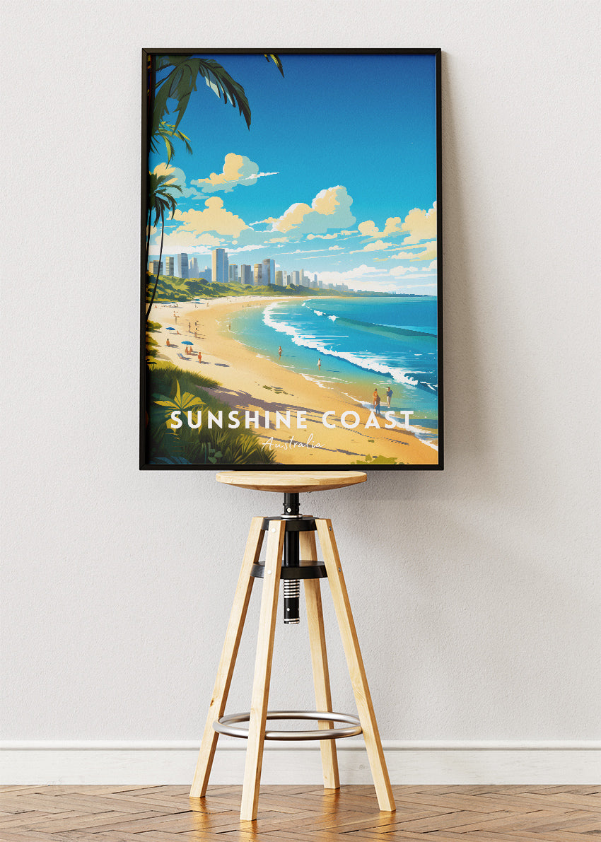 Sunshine Coast Australia Travel Poster & Canvas Wall Art – Beach Skyline Print