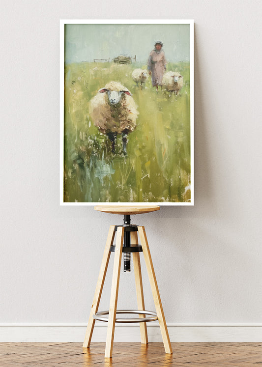Sheep in Meadow Poster & Canvas Print – Pastel Countryside Art