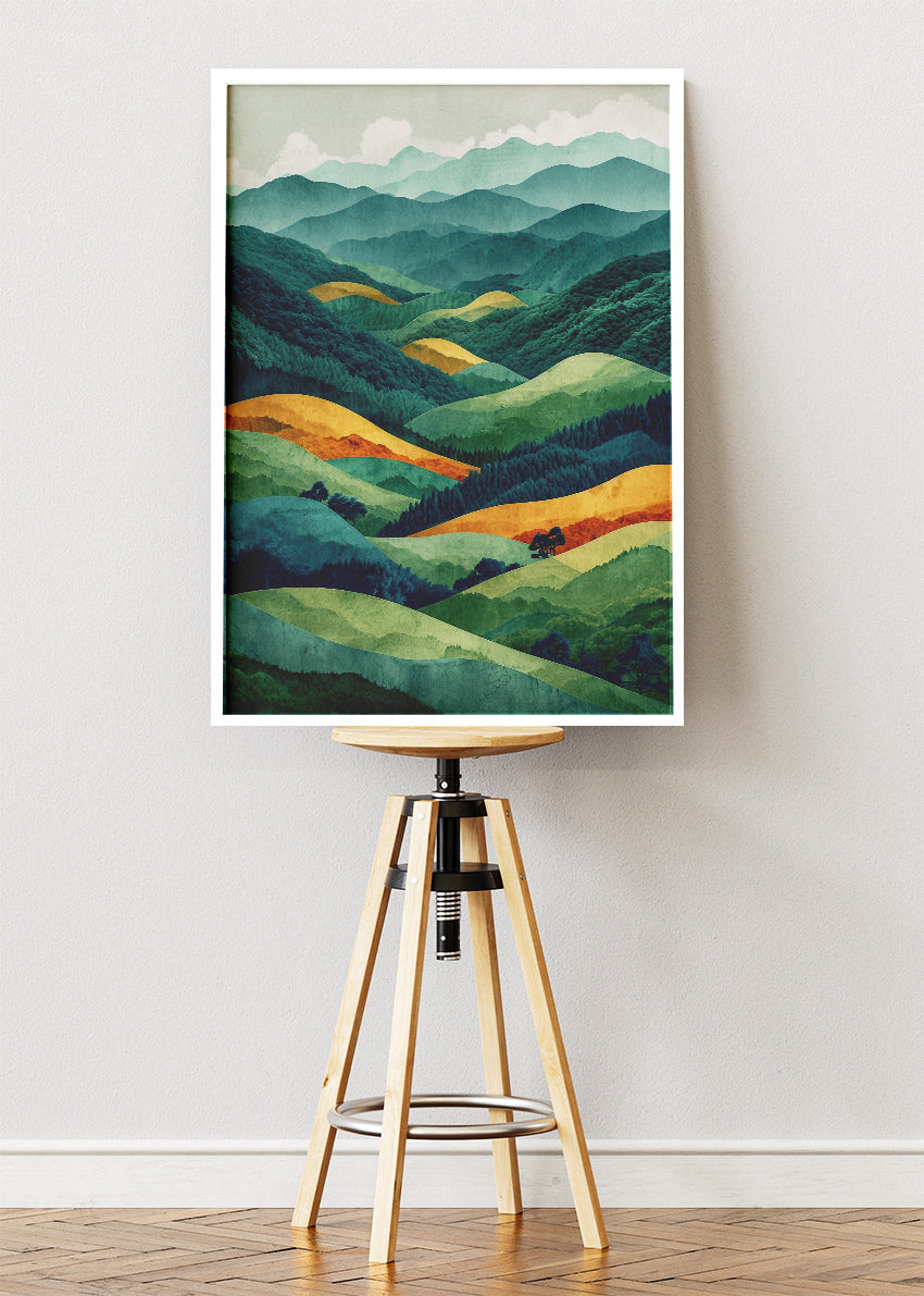Emerald Rolling Hills – Modern Layered Mountain Landscape Canvas & Poster Print – AI PRINT LAB