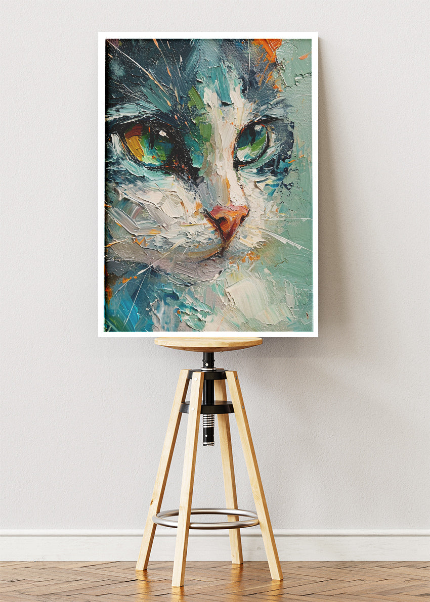 Abstract Cat Portrait Poster & Canvas Print – Colorful Textured Brush Art