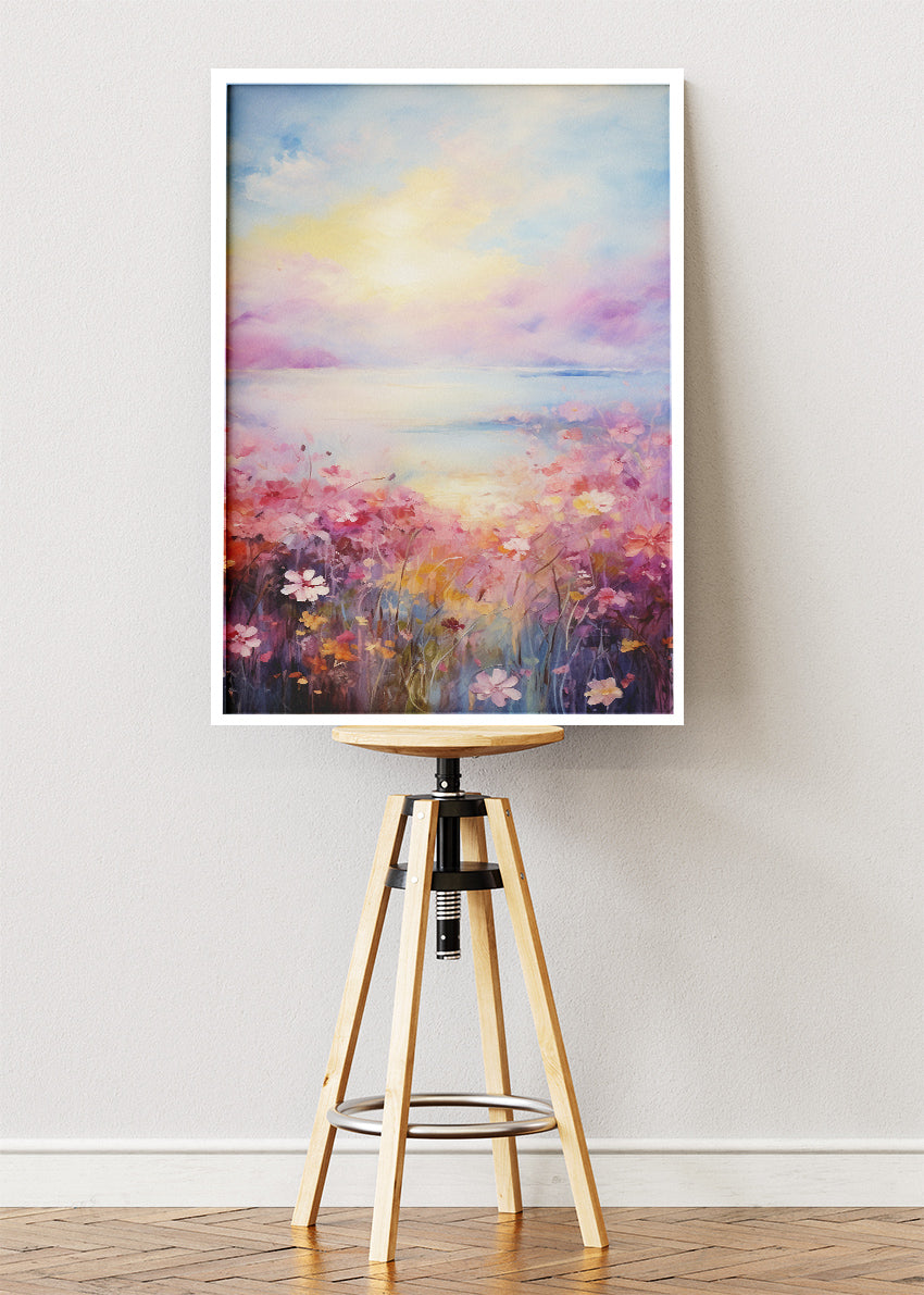Pastel Floral Horizon – Dreamy Sunset Meadow Canvas & Poster Print – AI PRINT LAB