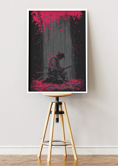 Samurai Wall Art – Dark Japanese Warrior Canvas Print & Modern Red Sakura Statement Poster for Living Room Decor UK