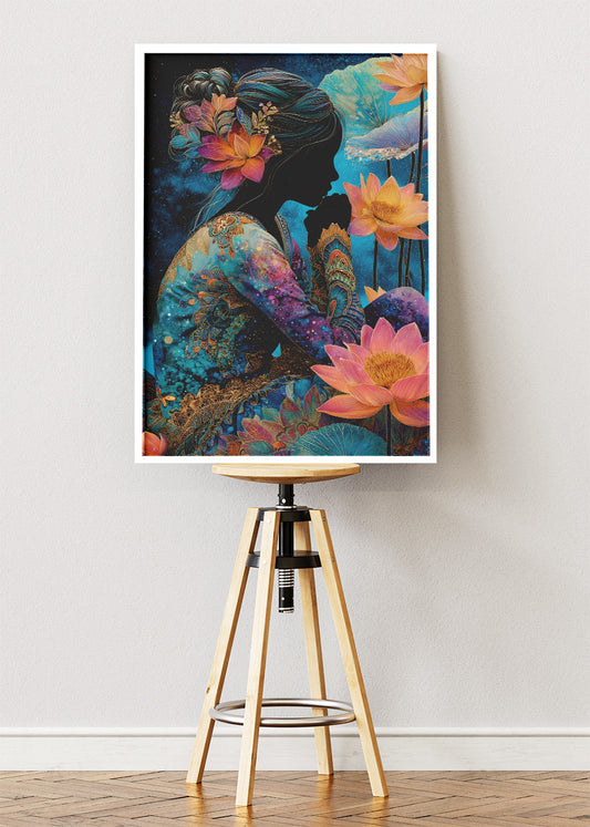 Mystical Lotus Woman Wall Art – Blue and Gold Fantasy Silhouette Canvas Print & Modern Floral Statement Poster for Living Room Decor UK
