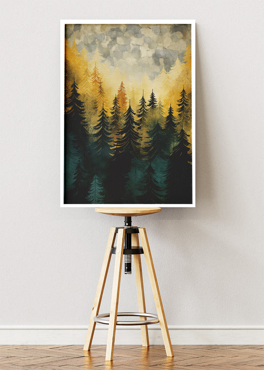 Golden Forest Mist – Modern Pine Tree Landscape Canvas & Poster Print – AI PRINT LAB