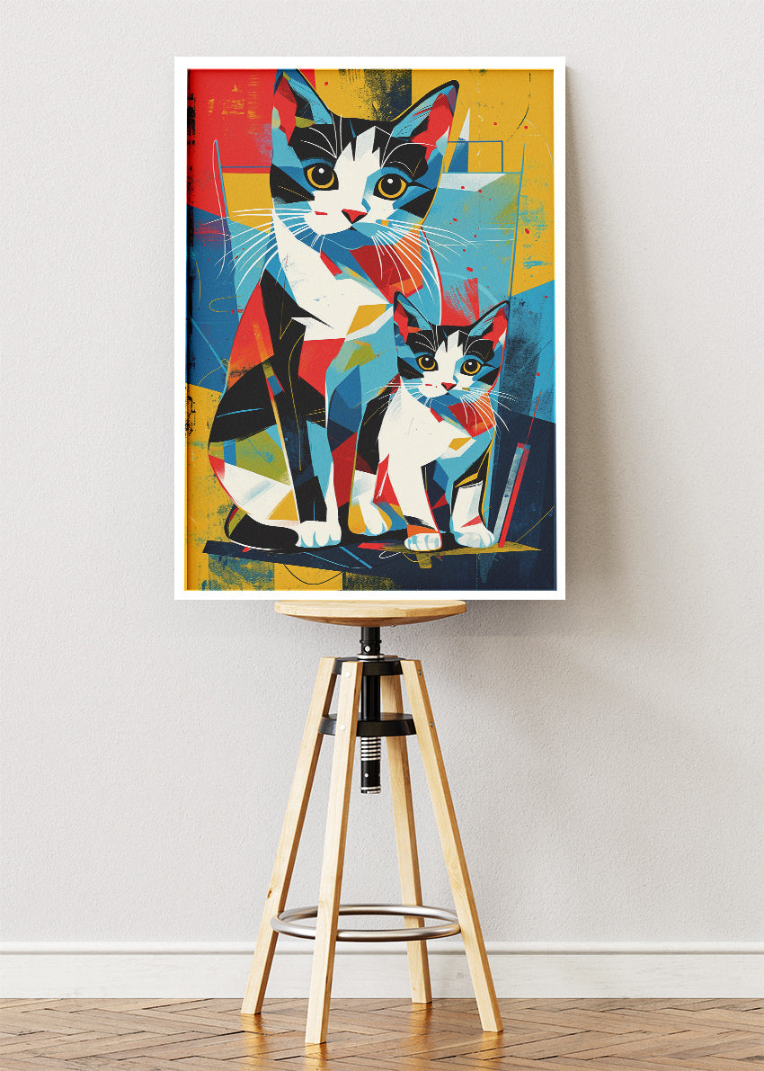 Colorful Cats Poster & Canvas Print – Modern Geometric Two Cats Wall Art