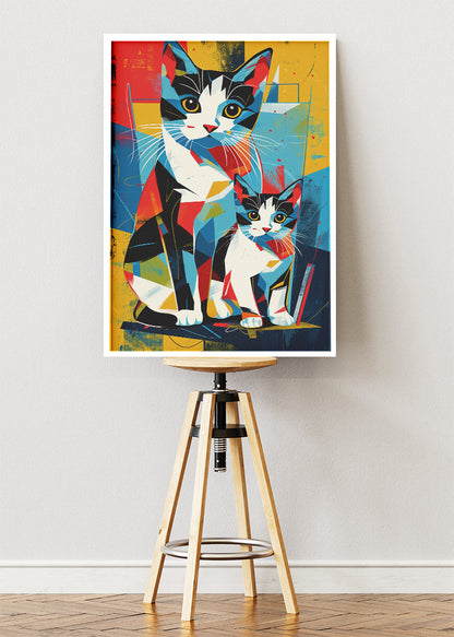 Colorful Cats Poster & Canvas Print – Modern Geometric Two Cats Wall Art