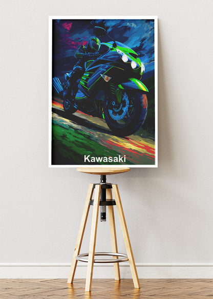 Kawasaki Night Ride Superbike Wall Art Poster & Canvas