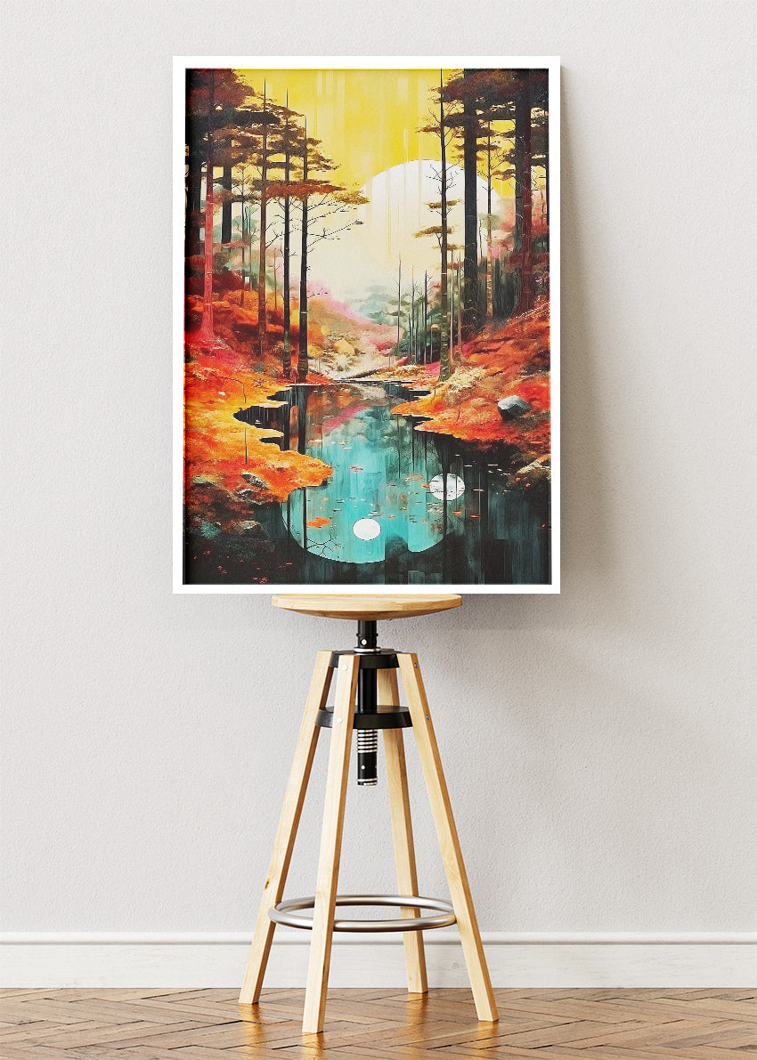 Autumn Reflection River – Modern Golden Forest Canvas & Poster Print – AI PRINT LAB