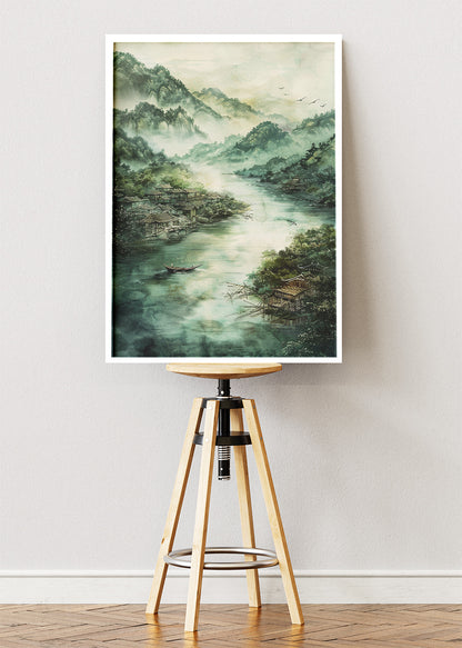 Misty Mountain River Village – Tranquil Asian Landscape Wall Art Poster & Canvas – AI PRINT LAB