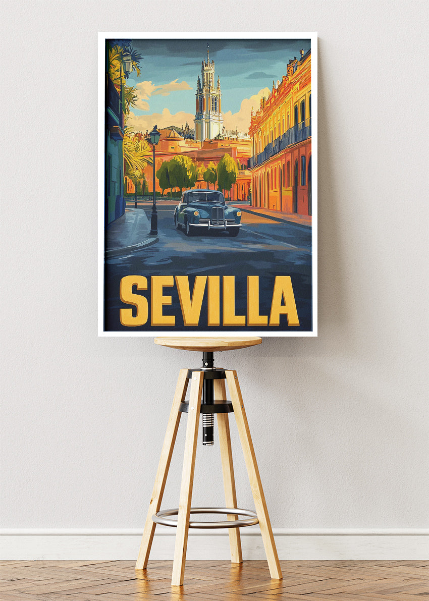 Sevilla Spain Poster & Canvas Print – Vintage Illustrated Andalusia Classic Car Art