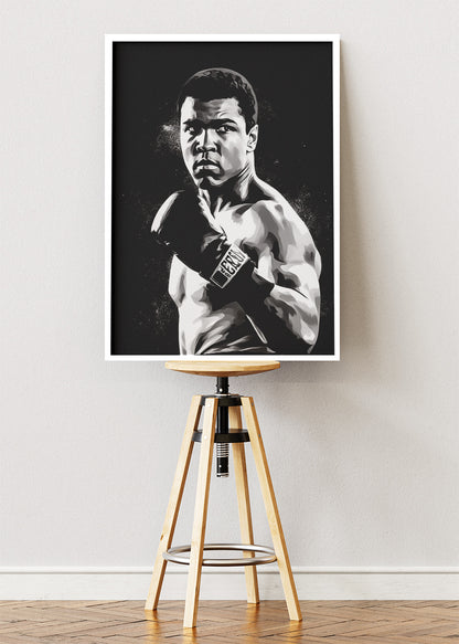 Muhammad Ali Black & White Boxing Portrait Poster & Canvas Art Print – Iconic Fight Wall Art