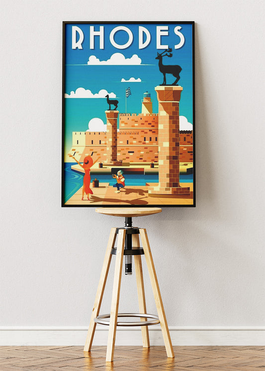 Rhodes Greece Vintage Travel Poster & Canvas Print – Mediterranean Old Town Art