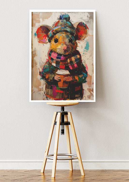 Cozy Coffee Mouse Poster & Canvas Print – Cute Winter Mouse Art in Colorful Scarf