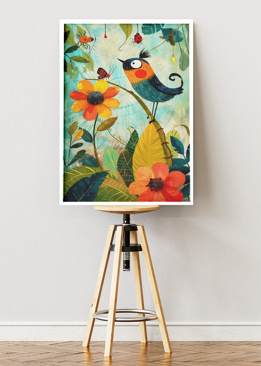 Whimsical Bird & Floral Garden Poster & Canvas Print – Colorful Nature Illustration Art