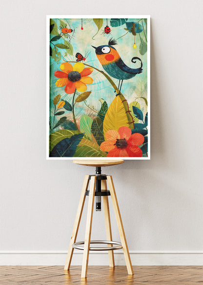 Whimsical Bird & Floral Garden Poster & Canvas Print – Colorful Nature Illustration Art