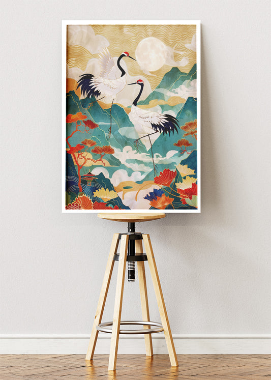 Japanese Crane Art Poster & Canvas Print – Elegant Washi-Style Mountain Landscape