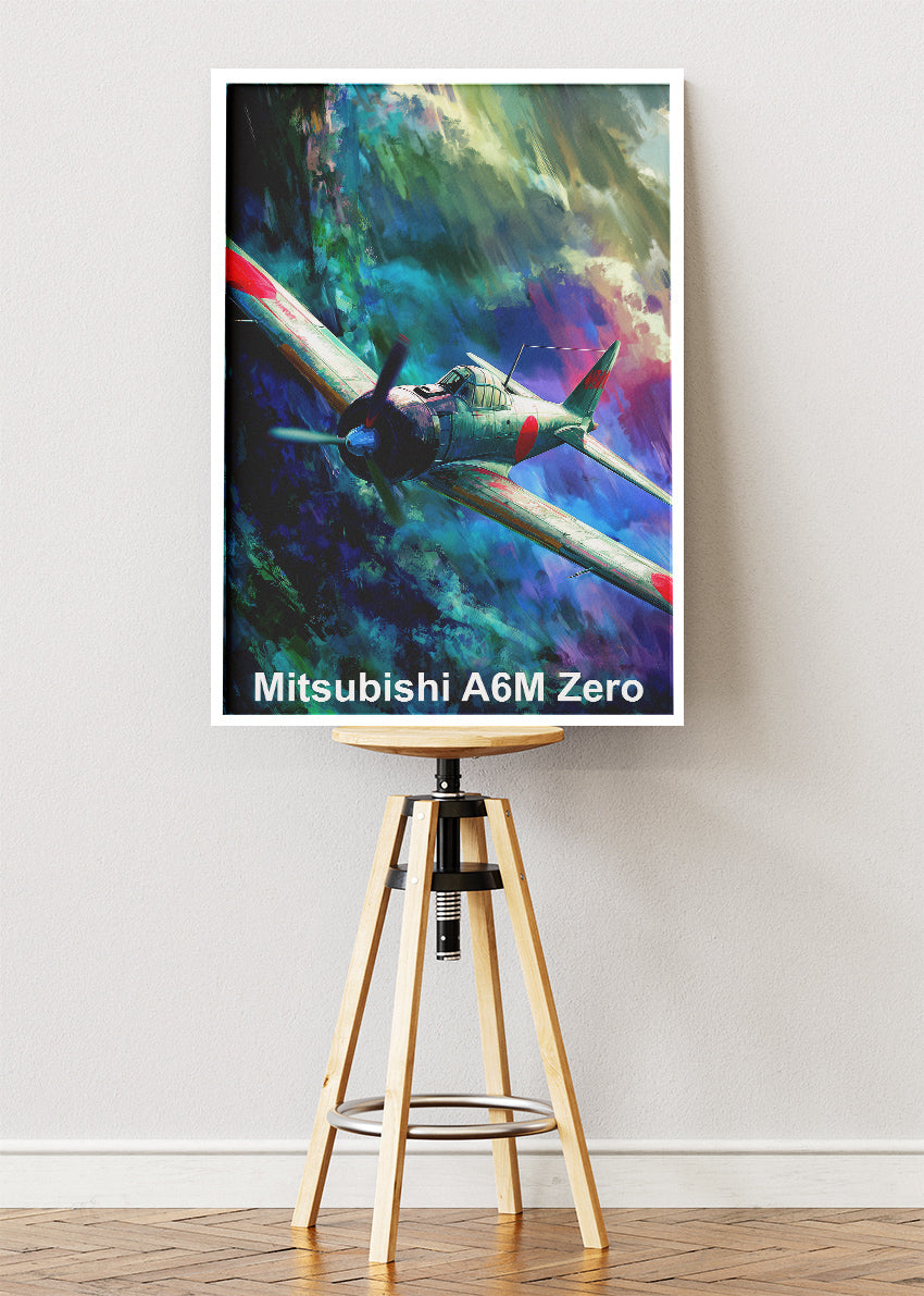 Mitsubishi A6M Zero Poster & Canvas Print – Illustrated WWII Fighter Aircraft Wall Art