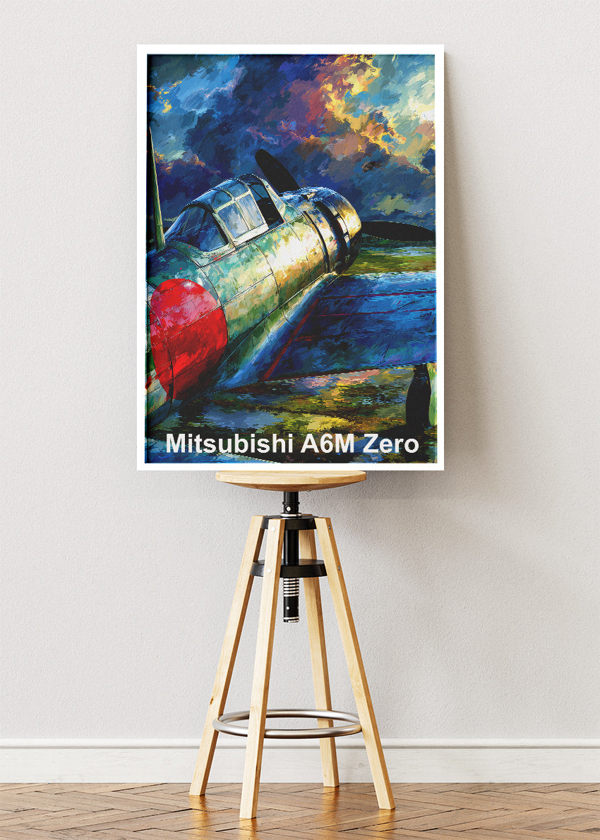 Mitsubishi A6M Zero Poster & Canvas Print – Illustrated WWII Fighter Aircraft Wall Art