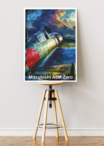 Mitsubishi A6M Zero Poster & Canvas Print – Illustrated WWII Fighter Aircraft Wall Art