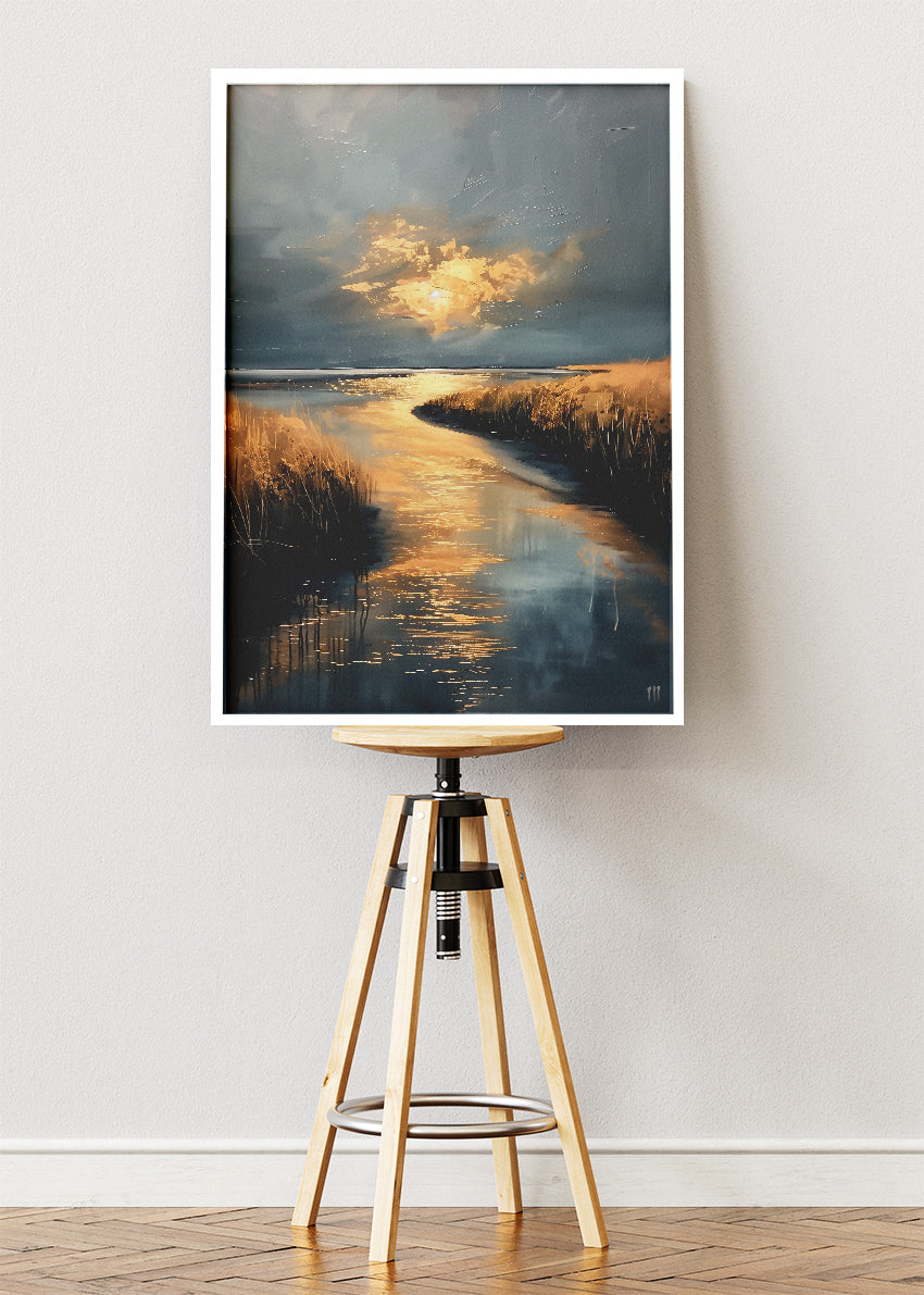Golden River Glow – Moody Sunset Waterscape Canvas & Poster Print – AI PRINT LAB