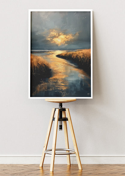 Golden River Glow – Moody Sunset Waterscape Canvas & Poster Print – AI PRINT LAB