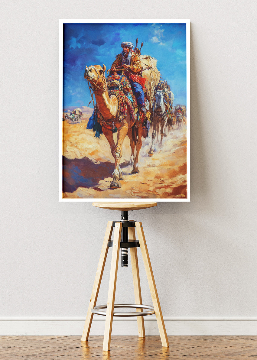 Desert Camel Caravan Poster & Canvas Print – Vibrant Middle Eastern Travel Art